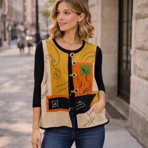 Vtg Allure Art To Wear Patchwork Vest Women L Rayon Linen Boho Abstract India